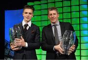 22 March 2015; Republic of Ireland International Jack Grealish, winner of the Republic of Ireland U21 player of the year award, with Hall of Fame winner and former Republic of Ireland International, Andy Townsend, at the 3 FAI International Football Awards. RTE Studios, Donnybrook, Dublin. Picture credit: David Maher / SPORTSFILE