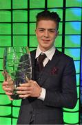 22 March 2015; Republic of Ireland International Jack Grealish, winner of the Republic of Ireland U21 player of the year award, at the 3 FAI International Football Awards. RTE Studios, Donnybrook, Dublin. Picture credit: David Maher / SPORTSFILE