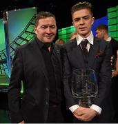 22 March 2015; Republic of Ireland International Jack Grealish, winner of the Republic of Ireland U21 player of the year award with his father Kevin at the 3 FAI International Football Awards. RTE Studios, Donnybrook, Dublin. Picture credit: David Maher / SPORTSFILE