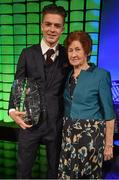 22 March 2015; Republic of Ireland International Jack Grealish, winner of the Republic of Ireland U21 player of the year award with his grandmother Margret Grealish at the 3 FAI International Football Awards. RTE Studios, Donnybrook, Dublin. Picture credit: David Maher / SPORTSFILE