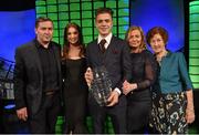 22 March 2015; Republic of Ireland International Jack Grealish, winner of the Republic of Ireland U21 player of the year award, with his girlfriend Sasha Attwood, his parents, Kevin and Karen, and grandmother Margret Grealish at the 3 FAI International Football Awards. RTE Studios, Donnybrook, Dublin. Picture credit: David Maher / SPORTSFILE