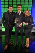 22 March 2015; Republic of Ireland International Jack Grealish, winner of the Republic of Ireland U21 player of the year award, with his parents, Kevin and Karen at the 3 FAI International Football Awards. RTE Studios, Donnybrook, Dublin. Picture credit: David Maher / SPORTSFILE