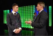 22 March 2015; Republic of Ireland International Jack Grealish, winner of the Republic of Ireland U21 player of the year award, with Hall of Fame winner and former Republic of Ireland International, Andy Townsend at the 3 FAI International Football Awards. RTE Studios, Donnybrook, Dublin. Picture credit: David Maher / SPORTSFILE