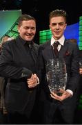 22 March 2015; Republic of Ireland International Jack Grealish, winner of the Republic of Ireland U21 player of the year award, with his father Kevin at the 3 FAI International Football Awards. RTE Studios, Donnybrook, Dublin. Picture credit: David Maher / SPORTSFILE
