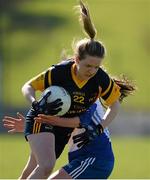 21 March 2015; Aoife Norris, DCU, from Naomh Molaise, Co. Offaly, in action against Emer Heaney, DIT, from Ballymore, Co. Longford. Lynch Cup Ladies Football Final, Dublin Institute of Technology v Dublin City University, Cork IT, Bishopstown, Cork. Picture credit: Diarmuid Greene / SPORTSFILE