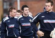 24 March 2008; Northern Ireland's Michael Gault, centre, Linfields latest International call up, arrives for squad training along with fellow club players Peter Thompson, left, and Alan Mannus. Northern Ireland squad training, Greenmount College, Co. Antrim. Picture credit; Oliver McVeigh / SPORTSFILE