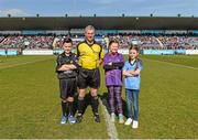 22 March 2015; Referee Johnny Ryan with mini-games referee Eoin Abernethy, aged 9, from Holy Trinity School Donaghmede, and team mascots, both from St Mary's National School Fairview, Kadie-Jade Martin, aged 9, and Leah Dunne, aged 9, before the game. Allianz Hurling League Division 1A, round 5, Dublin v Galway, Parnell Park, Dublin. Picture credit: Piaras O Midheach / SPORTSFILE