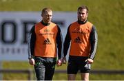 24 March 2015; Munster's Keith Earls, left, and JJ Hanrahan in conversation during squad training. Munster Rugby Squad Training. University of Limerick, Limerick. Picture credit: Diarmuid Greene / SPORTSFILE