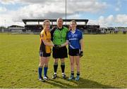 24 March 2015; Referee Jonathan Murphy with team captains Aoibhinn Henderson, left, St Michael's Lurgan, and Gráinne Ryan, John the Baptist, before the game. TESCO All Ireland PPS Junior B Final, St Michael's Lurgan, Armagh, v John the Baptist, Limerick. Kinnegad, Westmeath. Picture credit: Piaras O Midheach / SPORTSFILE