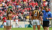 28 July 2013; Henry Shefflin, left, Kilkenny, looks back as referee Barry Kelly issues him a red card, second yellow, on the stroke of half time. GAA Hurling All-Ireland Senior Championship, Quarter-Final, Cork v Kilkenny, Semple Stadium, Thurles, Co. Tipperary. Picture credit: Ray McManus / SPORTSFILE