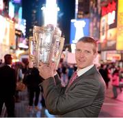 15 November 2012; Kilkenny star Henry Shefflin with the Liam MacCarthy Cup in Times Square on his way to the Gaelic Players Association Ireland - U.S. Gaelic Heritage Awards & Dinner Gala at the Marriott Marquis New York Westside Ballroom, Broadway,  Times Square, New York, USA. Picture credit: Ray McManus / SPORTSFILE