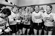 1 May 1988; Dundalk players, from left, Michael O'Connor, Martin Lawlor, Larry Wyse, Terry Eviston, Mick Shelly, John Cleary and Gino Lawless celebrate in the dressing room after the match. FAI Cup Final, Dundalk v Derry City, Dalymount Park, Dublin. Picture credit; Ray McManus / SPORTSFILE