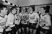 1 May 1988; Dundalk players, from left, Michael O'Connor, Martin Lawlor, Larry Wyse, Terry Eviston, Mick Shelly, John Cleary and Gino Lawless celbrate in the dressing room after the match. FAI Cup Final, Dundalk v Derry City. Dalymount Park, Dublin. Picture credit; Ray McManus / SPORTSFILE