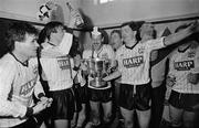 1 May 1988; Dundalk players, from left, Michael O'Connor, Martin Lawlor, Larry Wyse, Terry Eviston, Mick Shelly, John Cleary and Gino Lawless celbrate in the dressing room after the match. FAI Cup Final, Dundalk v Derry City. Dalymount Park, Dublin. Picture credit; Ray McManus / SPORTSFILE