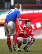 29 March 2008; Peter Thompson, Linfield, commiserates with Declan O'Hara, Cliftonville, at the end of the game. JJB Sports Irish Cup semi-final, Cliftonville v Linfield, The Oval, Belfast. Picture credit: Oliver McVeigh / SPORTSFILE