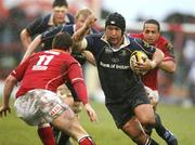 29 March 2008; Stan Wright, Leinster, in action against Mark Jones, Llanelli Scarlets. Magners League, Llanelli Scarlets v Leinster, Stradey Park, Llanelli, Wales. Picture credit: Steve Pope / SPORTSFILE