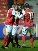 24 March 2015;  St Patrick's Athletic's Greg Bolger, centre, celebrates with team-mates James Chambers, right, and Sean Hoare after scoring his side's goal. SSE Airtricity League, Premier Division, St Patrick's Athletic v Derry City, Richmond Park, Dublin. Picture credit: Cody Glenn / SPORTSFILE