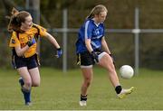 24 March 2015; Lucy Ryan-Clarke, John the Baptist, in action against Meabh McCambridge, St Michael's Lurgan. TESCO All Ireland PPS Junior B Final, St Michael's Lurgan, Armagh, v John the Baptist, Limerick. Kinnegad, Westmeath. Picture credit: Piaras O Midheach / SPORTSFILE