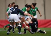 22 March 2015; Sophie Spence, Ireland, is tackled by Emma Wassell, right, and Tracy Balmer, left, Scotland. Women's Six Nations Rugby Championship, Scotland v Ireland. Broadwood Stadium, Clyde FC, Glasgow, Scotland. Picture credit: Stephen McCarthy / SPORTSFILE