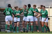 22 March 2015; Jenny Murphy, third from right, is congratulated by her Ireland team-mates including Katie Norris, 20, after scoring a late try. Women's Six Nations Rugby Championship, Scotland v Ireland. Broadwood Stadium, Clyde FC, Glasgow, Scotland. Picture credit: Stephen McCarthy / SPORTSFILE