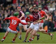 15 March 2015; Aidan Harte, Galway, in action against Alan Cadogan, 19, and Daniel Kearney, Cork. Allianz Hurling League Division 1A Round 4, Galway v Cork. Pearse Stadium, Galway. Picture credit: Piaras Ó Mídheach / SPORTSFILE
