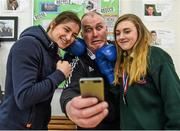 25 March 2015; Sky Academy Ambassador Katie Taylor was in Ballinasloe, Co. Galway to surprise Ardscoil Mhuire student Stephanie O’Halloran live on Sky Sports News HQ and present her with the Sky Sports Living for Sport award for ‘Republic of Ireland Student of the Year’. Pictured with Stephanie and Katie is Sky Sports Living for Sport Athlete Mentor Dermot Gascoyne. Stephanie will now be up against the winners for England, Scotland, Wales and Northern Ireland and the Awards will be broadcast on Sky Sports 1 on Sunday 29 March 2015 at 7.30pm. Picture credit: Stephen McCarthy / SPORTSFILE