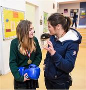 25 March 2015; Sky Academy Ambassador Katie Taylor was in Ballinasloe, Co. Galway to surprise Ardscoil Mhuire student Stephanie O’Halloran live on Sky Sports News HQ and present her with the Sky Sports Living for Sport award for ‘Republic of Ireland Student of the Year’. Stephanie will now be up against the winners for England, Scotland, Wales and Northern Ireland and the Awards will be broadcast on Sky Sports 1 on Sunday 29 March 2015 at 7.30pm. Picture credit: Stephen McCarthy / SPORTSFILE