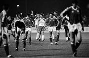 16 October 1991; Republic of Ireland players, including Kevin Moran, centre left, and Kevin Sheedy, centre right, leave the field after the final whistle. UEFA Euro 1992 qualifying Group 7 match, Poland v Republic of Ireland, Stadion Miejski, Poznan, Poland. Picture credit: Ray McManus / SPORTSFILE