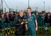 25 March 2015; Republic of Ireland women's International manager Sue Ronan presents Maynooth University captain Julie Condon with the cup. WSCAI Premier Final, IT Carlow v Maynooth University, Leixlip United, Collinstown, Leixlip, Co. Kildare. Picture credit: Matt Browne / SPORTSFILE