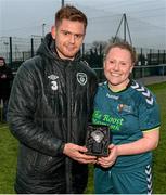 25 March 2015; Karl Keogh from the FAI presents Amber Barrett, Maynooth University, with her player of the match trophy. WSCAI Premier Final, IT Carlow v Maynooth University, Leixlip United, Collinstown, Leixlip, Co. Kildare. Picture credit: Matt Browne / SPORTSFILE