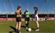 21 March 2015; Referee John Niland performs the pre-match coin toss in the company of DCU captain Laura McEnaney and UL captain Niamh O'Dea. O'Connor Cup Ladies Football Final, Dublin City University v University of Limerick, Cork IT, Bishopstown, Cork. Picture credit: Diarmuid Greene / SPORTSFILE