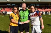 21 March 2015; DCU captain Laura McEnaney and UL captain Niamh O'Dea exchange a handshake in the company of referee John Niland before the game. O'Connor Cup Ladies Football Final, Dublin City University v University of Limerick, Cork IT, Bishopstown, Cork. Picture credit: Diarmuid Greene / SPORTSFILE