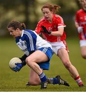 22 February 2015; Eileen McElroy, Monaghan, in action against Rena Buckley, Cork. TESCO HomeGrown Ladies National Football League, Division 1, Round 3, Monaghan v Cork,  Blackhill Emeralds GAC, Castleblayney, Co. Monaghan. Picture credit: Brendan Moran / SPORTSFILE
