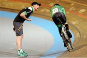 26 March 2015; Ireland's Colin Lynch with coach Neil Delahaye during his C2 1km race, where he finished 9th with a time of 1:19.833. 2015 UCI Para-cycling Track World Championships. Omnisport Apeldoorn, De Voorwaarts 55, 7321 MA Apeldoorn, Netherlands. Picture credit: Jean Baptiste Benavent / SPORTSFILE