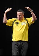26 March 2015; Dave Chisnall competes against Adrian Lewis during the Betway Premier League Darts at the 3Arena, Dublin. Picture credit: Stephen McCarthy / SPORTSFILE