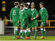 26 March 2015; Dylan Connolly, 13, Republic of Ireland, is congratulated by team-mates after scoring his side's first goal. UEFA U21 Championships 2017 Qualifying Round, Group 1, Republic of Ireland v Andorra. RSC, Waterford. Picture credit: Matt Browne / SPORTSFILE