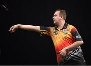 26 March 2015; Kim Huybrechts competes against Phil Taylor during the Betway Premier League Darts at the 3Arena, Dublin. Picture credit: Stephen McCarthy / SPORTSFILE