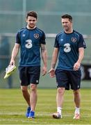 27 March 2015; Republic of Ireland's Robbie Brady and Robbie Keane at the end of squad training. Gannon Park, Malahide, Co. Dublin. Picture credit: David Maher / SPORTSFILE