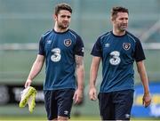 27 March 2015; Republic of Ireland's Robbie Brady and Robbie Keane at the end of squad training. Gannon Park, Malahide, Co. Dublin. Picture credit: David Maher / SPORTSFILE