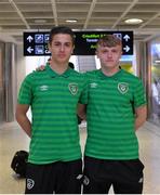 27 March 2015; Republic of Ireland's Zach Elbouzedi and JJ Lunney, both from Swords, pictured on the team's arrival at Dublin Airport after qualifying for the UEFA U17 Championships. Dublin Airport, Dublin. Picture credit: Piaras O Midheach / SPORTSFILE