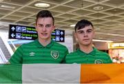 27 March 2015; Republic of Ireland's Tom McDermott, left, from Straban, Co. Tyrone, and Jamie Aherne, from Lucan, Dublin, pictured on the team's arrival at Dublin Airport after qualifying for the UEFA U17 Championships. Dublin Airport, Dublin. Picture credit: Piaras O Midheach / SPORTSFILE