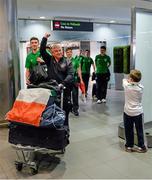 27 March 2015; The Republic of Ireland's squad pictured on the team's arrival at Dublin Airport after qualifying for the UEFA U17 Championships. Dublin Airport, Dublin. Picture credit: Piaras O Midheach / SPORTSFILE