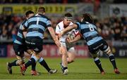 27 March 2015; Rob Herring, Ulster, is tackled by Sam Hobbs and Josh Navidi, Cardiff Blues. Guinness PRO12, Round 18, Ulster v Cardiff Blues. Kingspan Stadium, Ravenhill Park, Belfast. Picture credit: Oliver McVeigh / SPORTSFILE