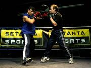 26 March 2008: Joe Calzaghe spars with his father and trainer Enzo Calzaghe during an open workout session at his gym in Newbridge, South Wales, ahead of his fight against Bernard Hopkins in Las Vegas. The fight will be broadcast exclusively live on Setanta Sports on Saturday the 19th of April. Newbridge Gym, Newbridge, South Wales. Images issued on behalf of Setanta Ireland by SPORTSFILE