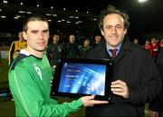 26 March 2008; UEFA President Michel Platini presents Northern Ireland's David Healy with a special award in recognition of his 13 goals he scored in the Euro 2008 qualifying campaign. International Friendly, Northern Ireland v Georgia, Windsor Park, Belfast, Co. Antrim. Picture credit;  SPORTSFILE - Pool picture by William Cherry