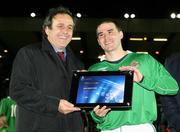 26 March 2008; UEFA President Michel Platini presents Northern Ireland's David Healy with a special award in recognition of his 13 goals he scored in the Euro 2008 qualifying campaign. International Friendly, Northern Ireland v Georgia, Windsor Park, Belfast, Co. Antrim. Picture credit; SPORTSFILE - Pool picture by William Cherry