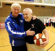 29 March 2008; Tolka Rovers' coach Kevin Mulligan is congratulated by supporter John Kelly after his side's victory. Basketball Ireland Men’s Division One Final, Tolka Rovers v Team Meadowland’s St. Brendan’s, University of Limerick, Limerick. Picture credit: Stephen McCarthy / SPORTSFILE