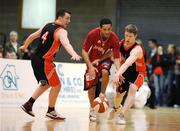 30 March 2008; Chirs Jordan, Abrakebabra Tigers, in action against John Behan, left, and Jonathan Grennell, Dart Killester. Nivea For Men's SuperLeague Final, Abrakebabra Tigers v Dart Killester, University of Limerick, Limerick. Picture credit: Stephen McCarthy / SPORTSFILE