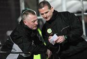 1 April 2008; Donegal Celtic manager Paddy Kelly, left, discusses tactics with his assistant Pat McAllister. Coleraine v Donegal Celtic, JJB Sports Irish Cup Replay, Ballymena Showgrounds, Co. Antrim. Picture credit: Oliver McVeigh / SPORTSFILE