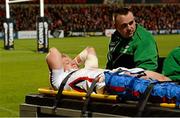 27 March 2015; Stuart Olding, Ulster, being taken off the field with an injury early in the game. Guinness PRO12, Round 18, Ulster v Cardiff Blues. Kingspan Stadium, Ravenhill Park, Belfast. Picture credit: Oliver McVeigh / SPORTSFILE